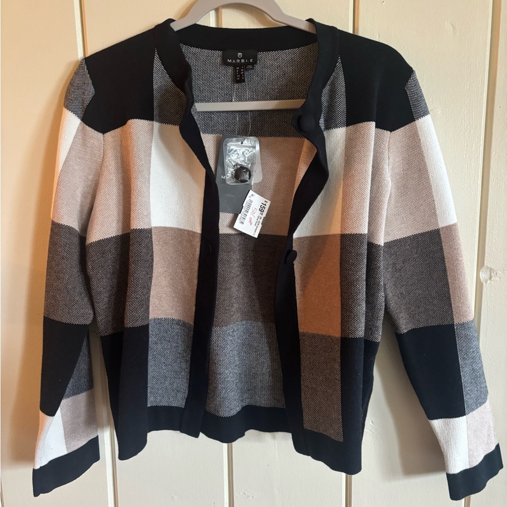MARBLE Women's Black, White, and Gray Checkered Cardigan